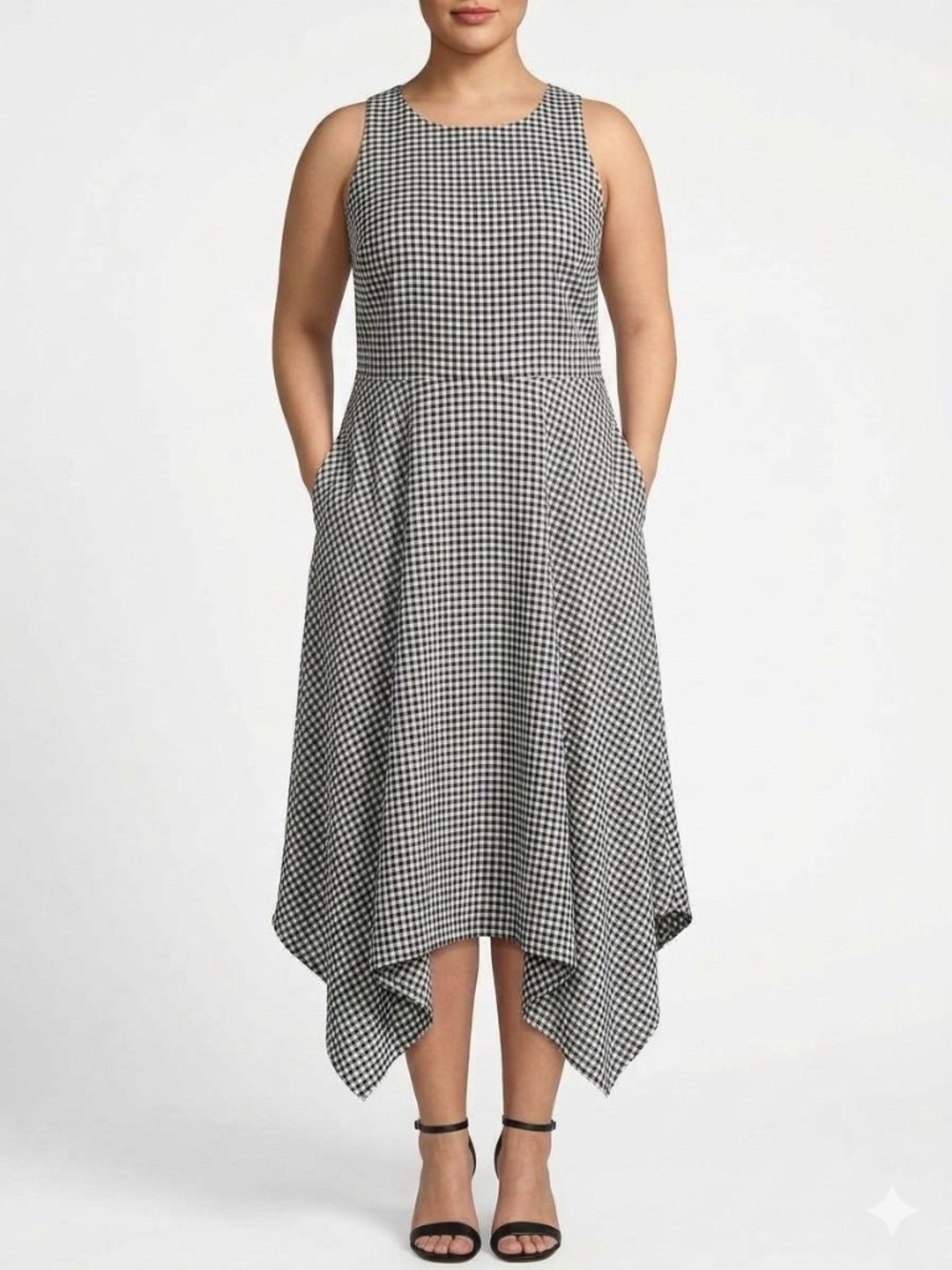 Banana Republic Black Gray Gingham Handkerchief Hem Midi Dress 12 Tall Preppy
